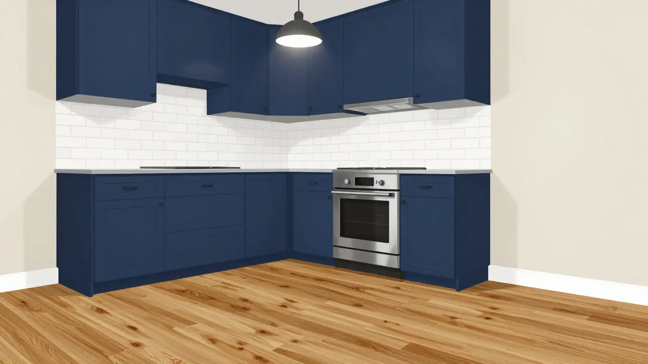 Updated kitchen with navy cabinets, new hardware, and modern pendant lighting