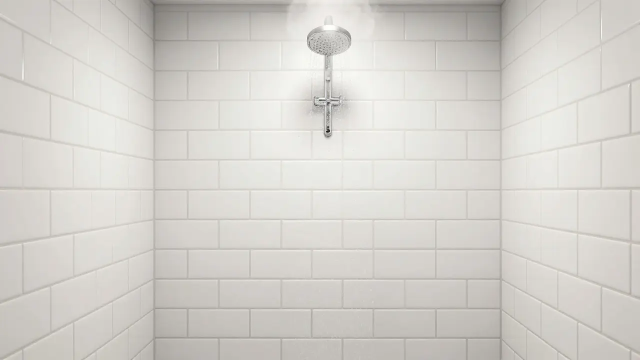 Vertical subway tile shower with steam rising, crisp grout lines, and glistening water droplets.