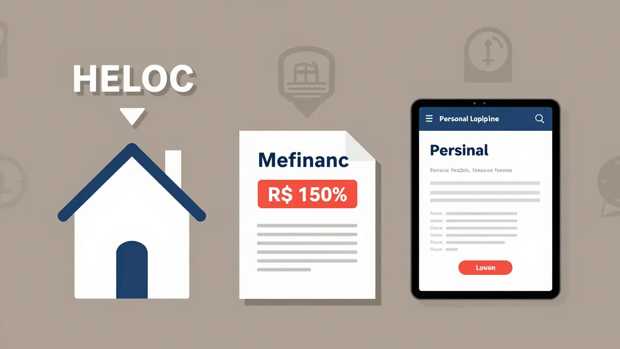 Visual representation of financing options for kitchen remodels: HELOC, mortgage refinance, and personal loan.