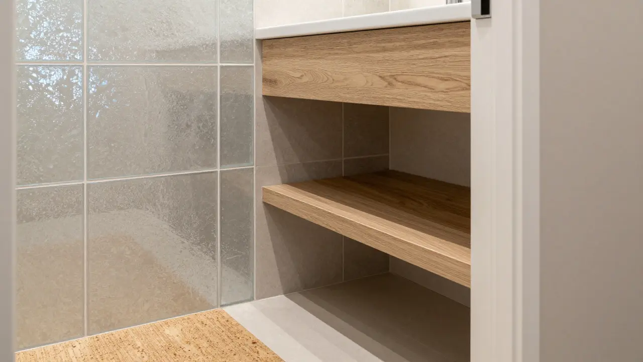 Wall mounted vanity over recycled glass tiles next to sliding pocket door.