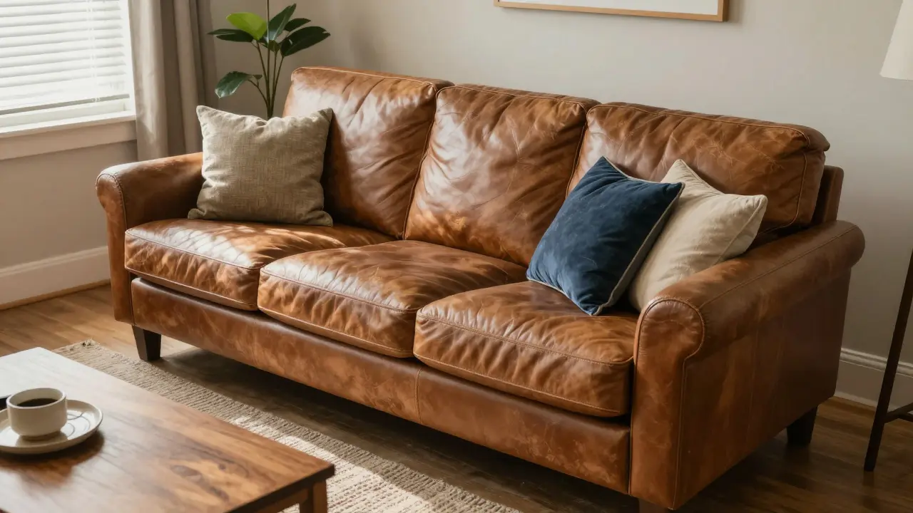 Well-maintained leather sofa in cozy living room with natural light