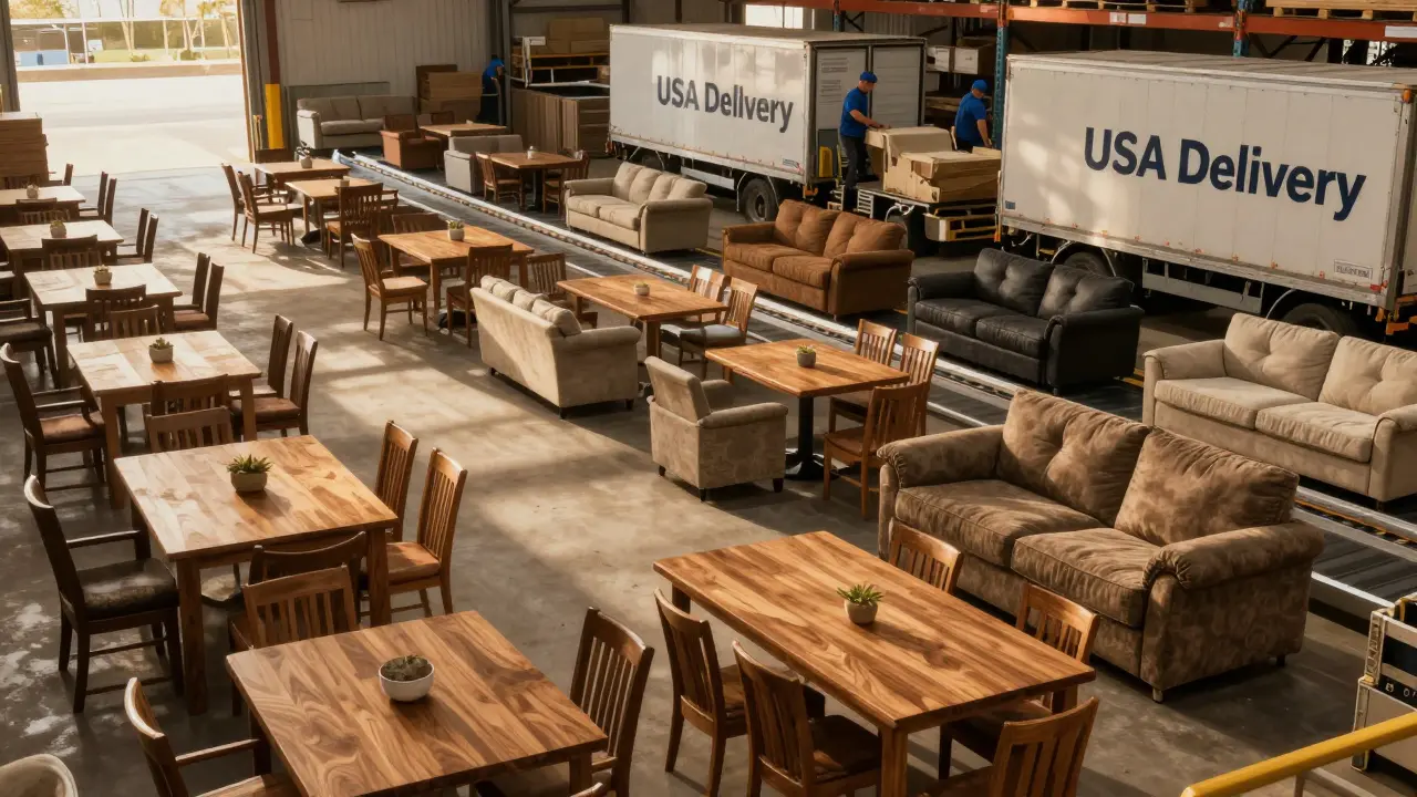 Workers loading Ashley Furniture products in a large U.S. warehouse at sunset.