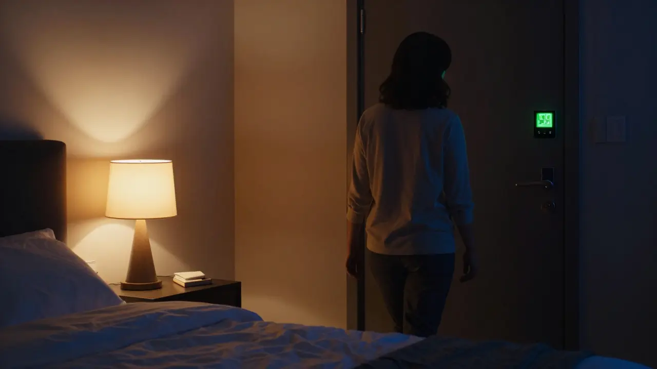 A bedroom transitioning to a night mode with automated lighting and temperature changes.