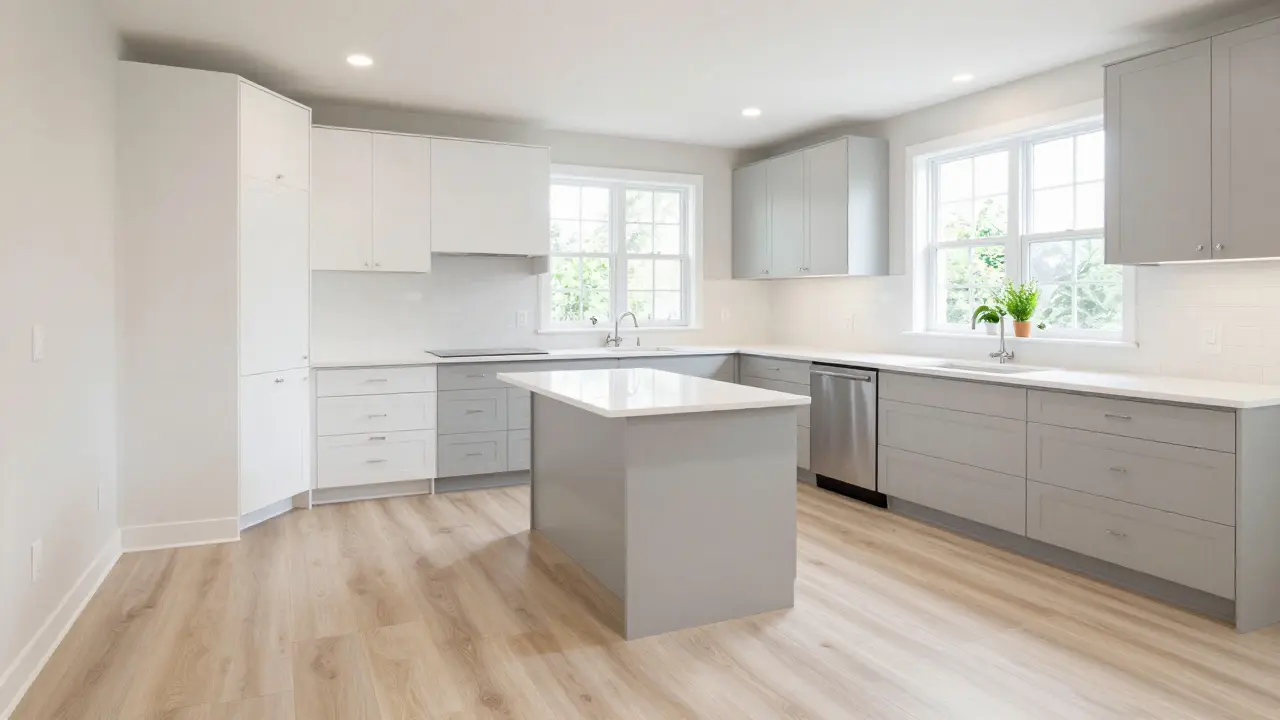 A bright, finished 12x12 kitchen with LVP flooring and a U-shaped layout.