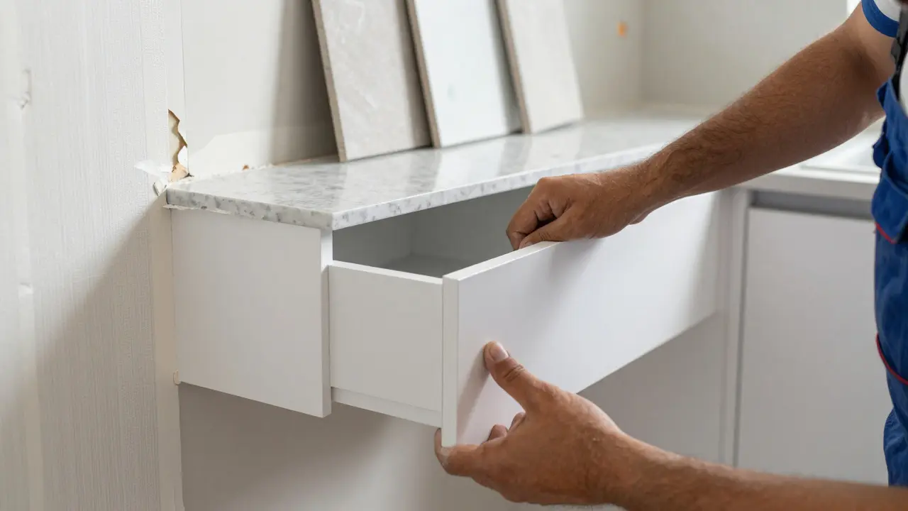 A contractor installing a new white shaker cabinet in a kitchen under renovation