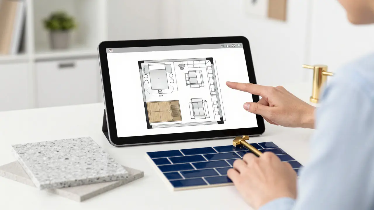A design specialist showing a 3D bathroom layout to a homeowner.