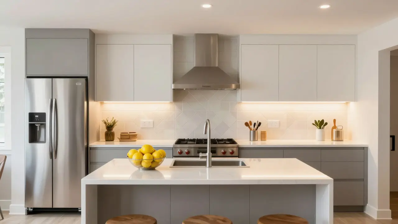 A finished modern kitchen with white quartz countertops and stainless steel appliances