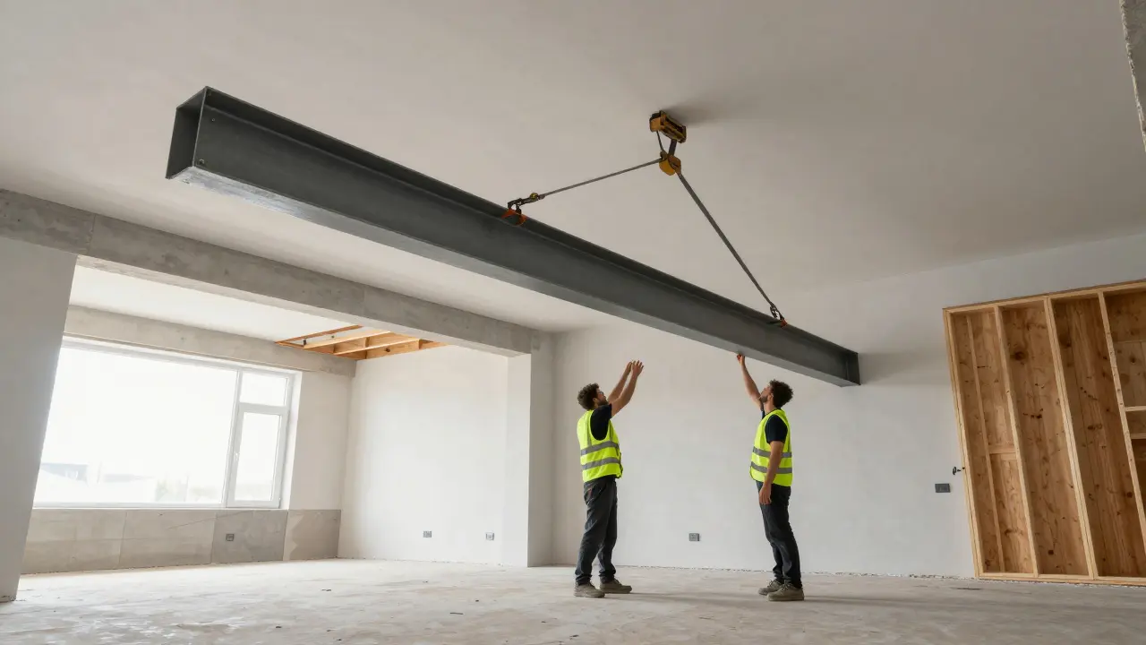 A heavy steel support beam being installed in a house to create an open-concept room.