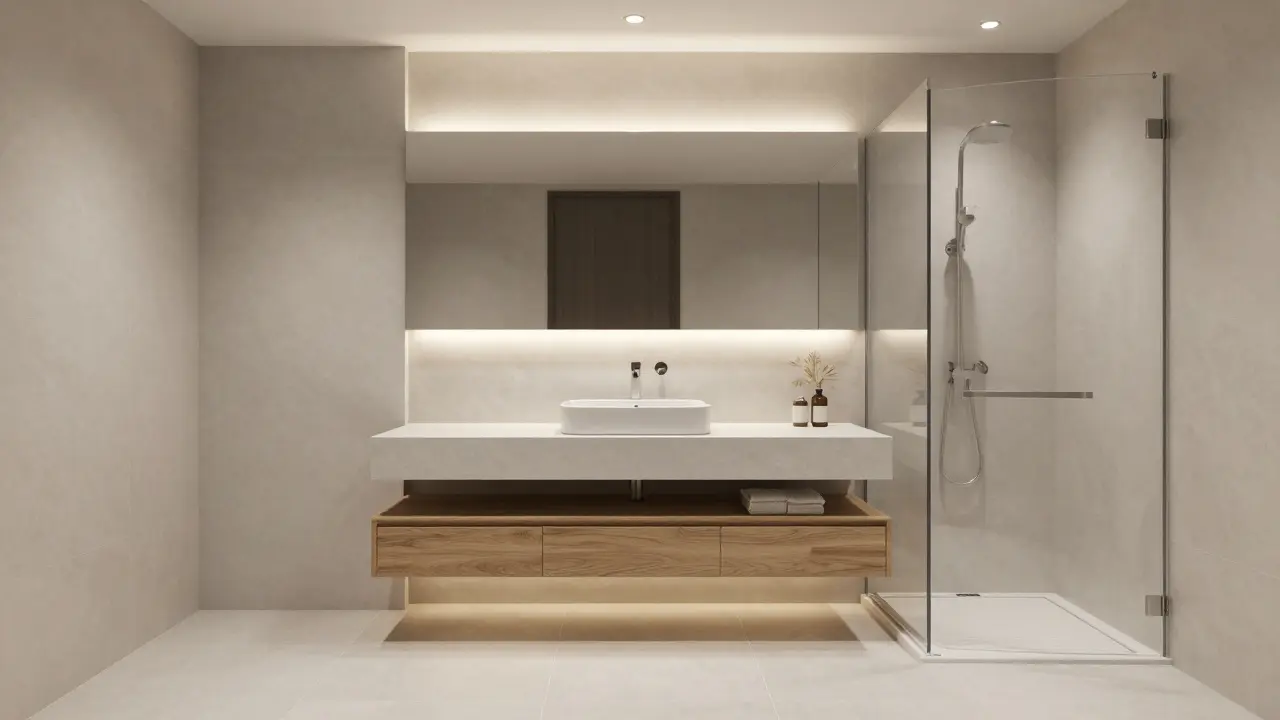 A modern bathroom featuring a floating vanity and a curbless shower.