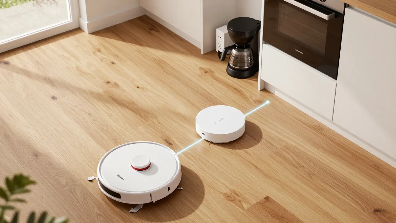 A robot vacuum and smart home hub connected by glowing network lines in a kitchen.