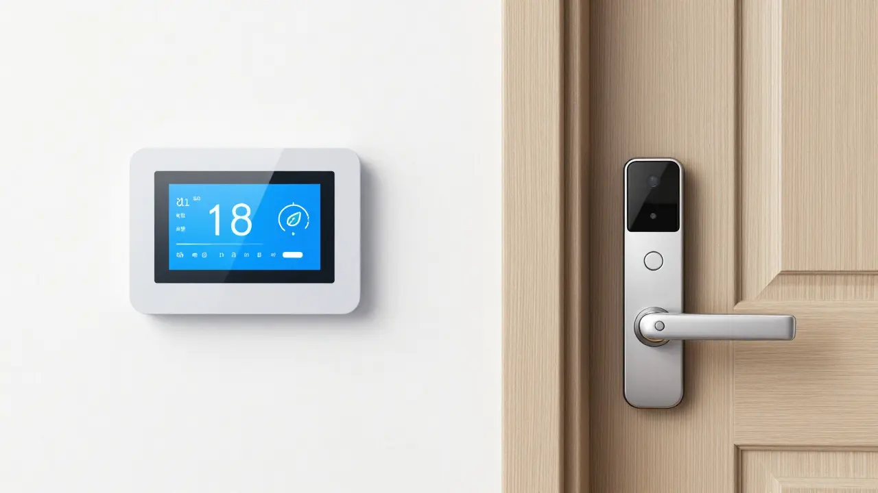 A smart thermostat and a secure smart door lock in a minimalist home setting.