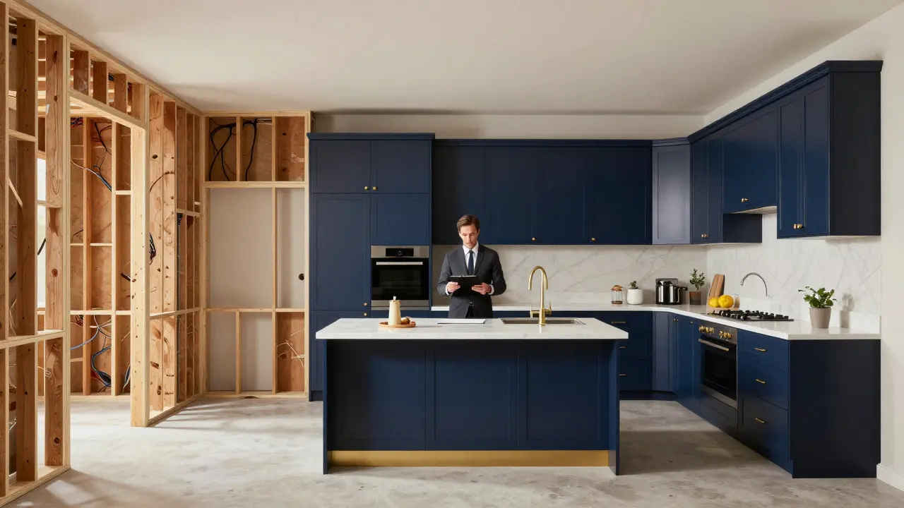 A split-screen view of a kitchen during a full gut renovation, showing studs and a finished luxury design.