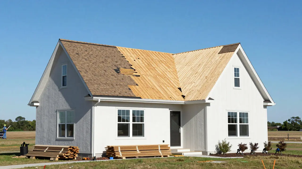 A suburban house undergoing a complete roof replacement with exposed wooden decking.