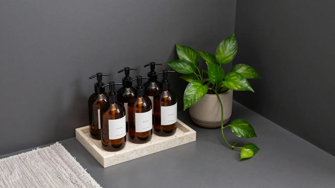 Amber glass soap dispensers on a stone tray next to a green Pothos plant