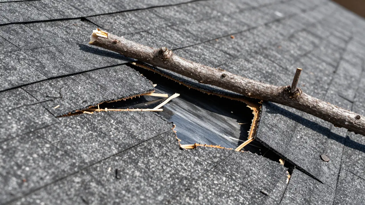 Close-up of a hole in asphalt roof shingles caused by a fallen tree branch.