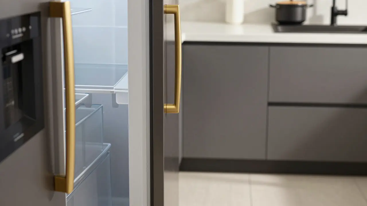 Close-up of a kitchen refrigerator with an open door showing a clear, ergonomic walking path.