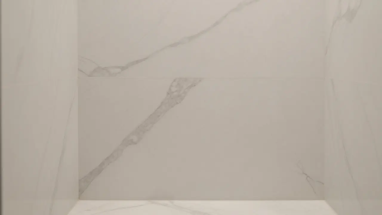 Close-up of honed white Carrara marble tiles in a luxury walk-in shower.