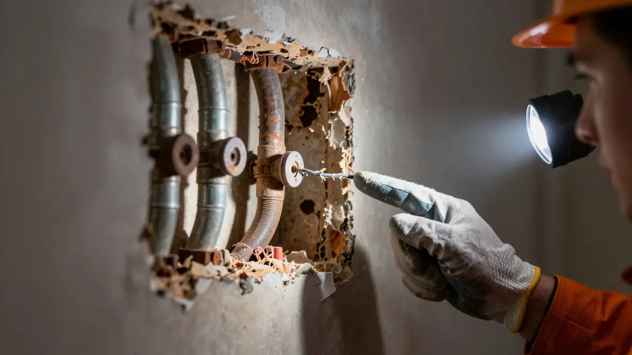Close-up of outdated electrical wiring and old pipes exposed inside a home's wall.