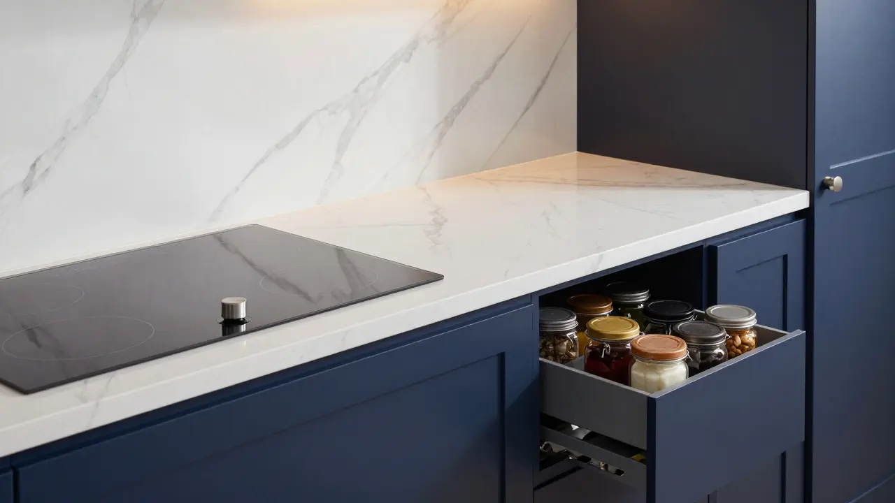 Close-up of white quartz countertops and navy blue cabinets with under-cabinet lighting.