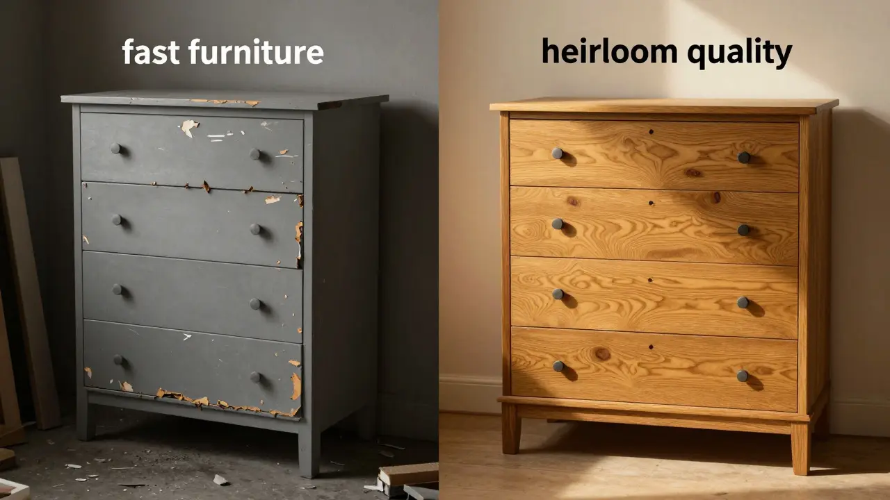 Comparison of a worn-out particle board dresser and a high-quality solid oak chest of drawers.