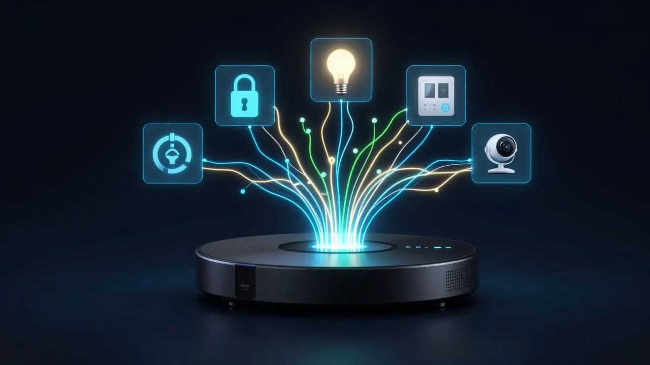 Conceptual 3D render of a smart home hub connecting various devices via glowing light paths.