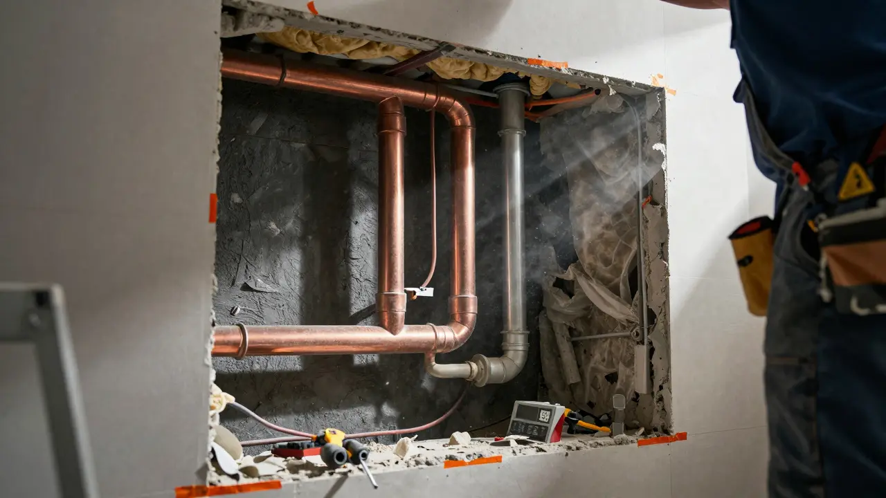 Contractor inspecting exposed plumbing inside a wall cavity.