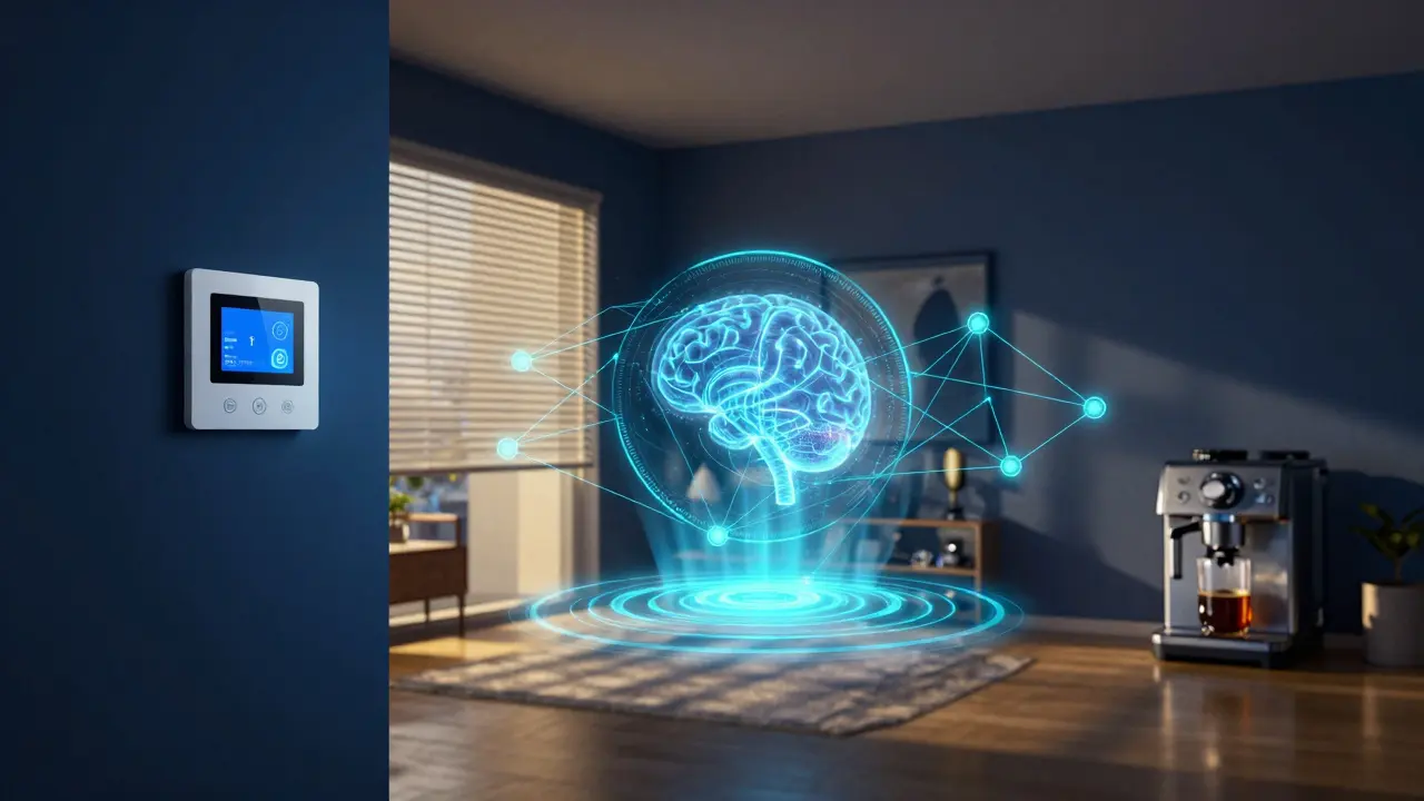 Digital illustration of a home with glowing lines connecting smart devices to a central hub.