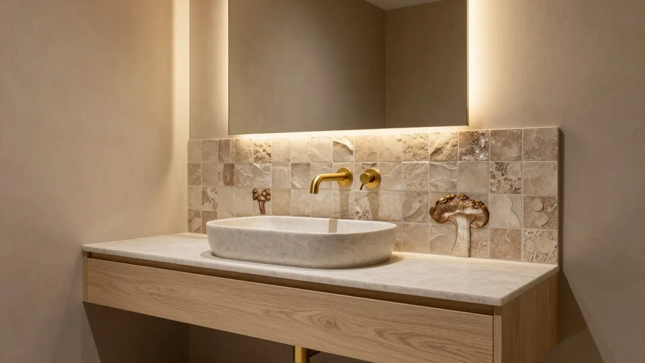 Floating white oak vanity with Zellige tiles and brushed gold fixtures.
