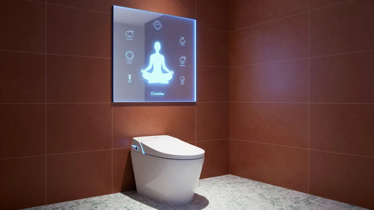 Futuristic bathroom featuring a smart mirror with digital displays and a smart toilet.