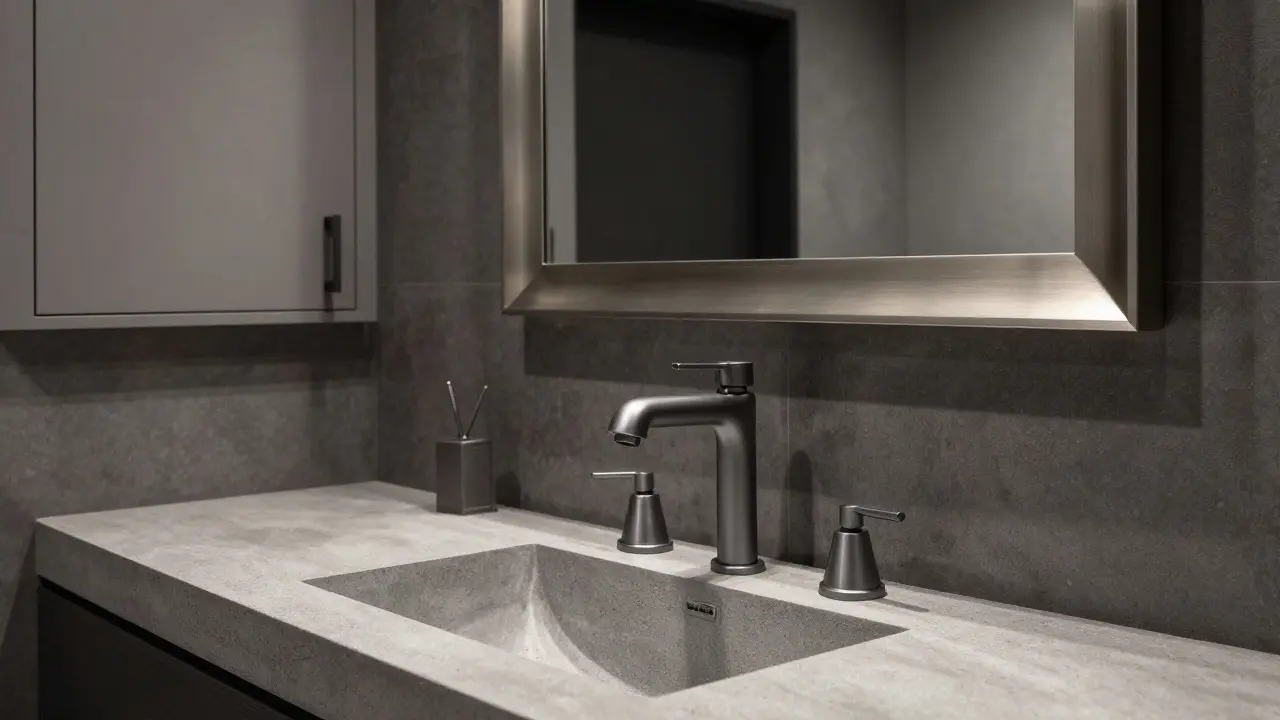 Gunmetal gray faucet on concrete countertop paired with brushed nickel hardware