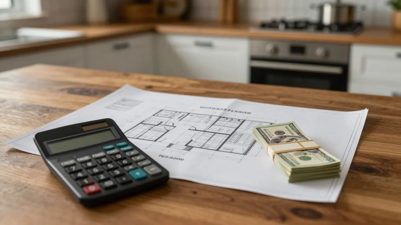 Kitchen blueprints, a calculator, and a cash reserve on a wooden table for renovation budgeting.