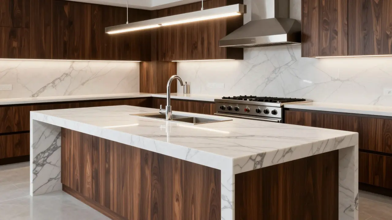 Luxury kitchen island with Calacatta Quartz countertops and custom walnut cabinetry.