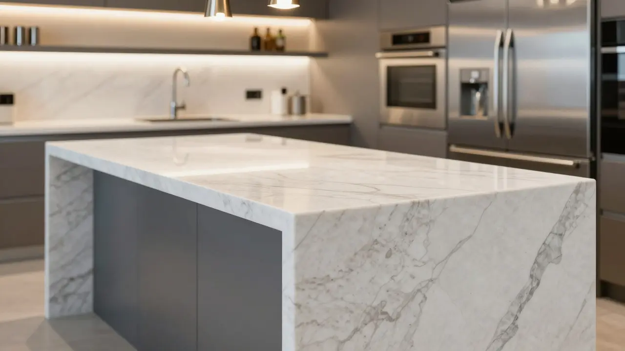 Luxury kitchen island with white quartz waterfall edge and professional appliances