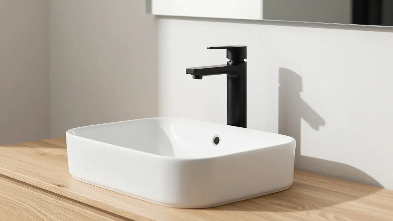 Matte black faucet on a white vessel sink with a light oak vanity