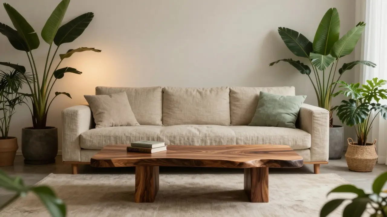 Minimalist living room with a linen sofa and walnut wood table surrounded by indoor plants.