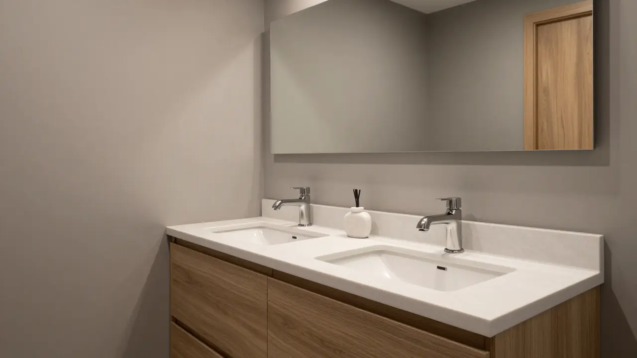 Modern bathroom with greige walls, wooden cabinets, and stainless steel fixtures