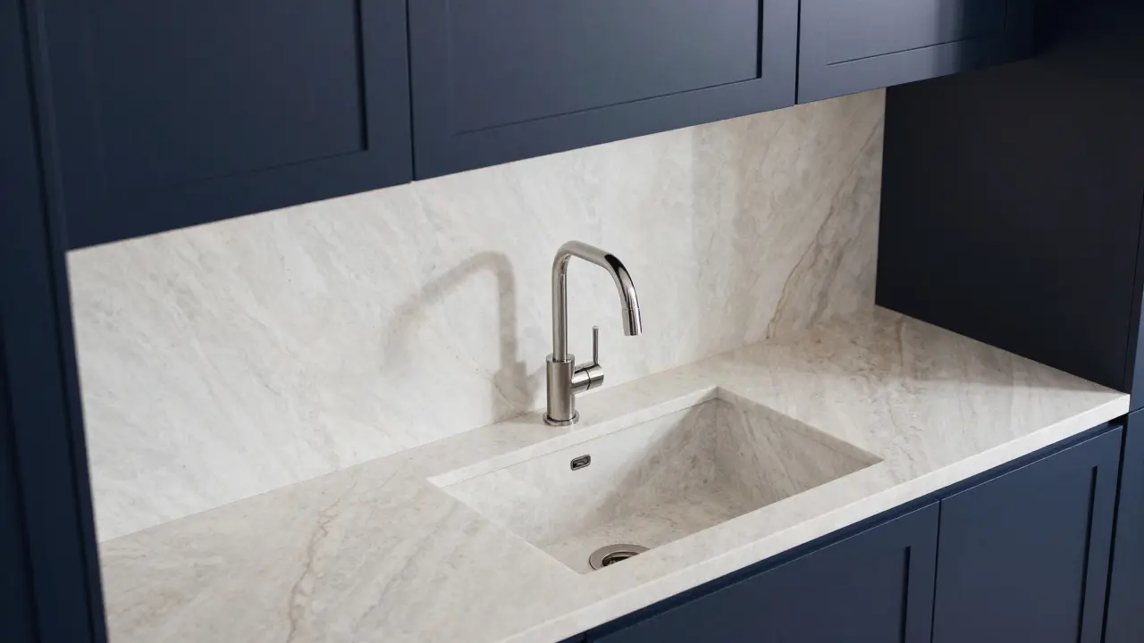 Modern kitchen with deep navy custom cabinets and a seamless stone slab backsplash