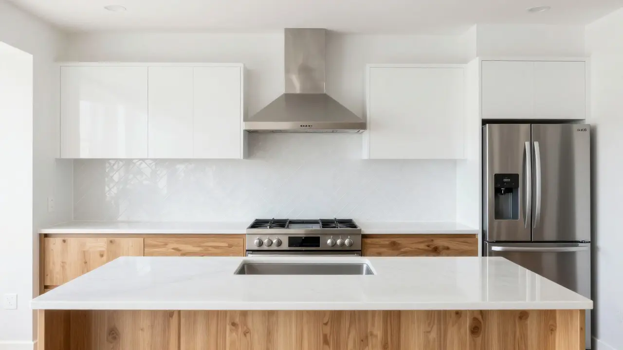 Modern kitchen with quartz countertops and new backsplash installation
