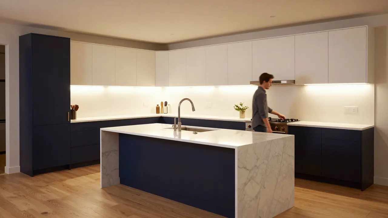 Modern L-shaped kitchen with a marble island illustrating optimal movement and spatial flow.