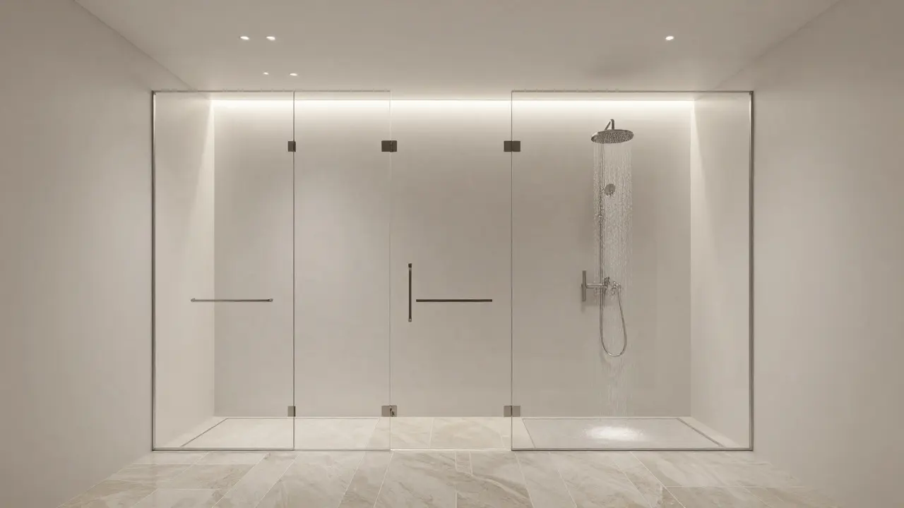 Modern luxury bathroom with glass shower and stone flooring.