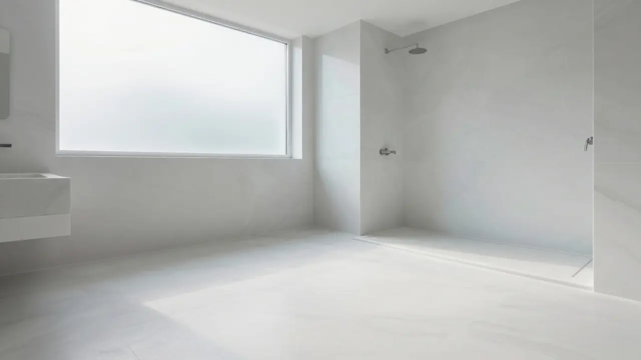 Modern minimalist bathroom featuring seamless large format porcelain slabs on the floor and walls.