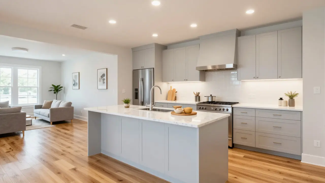 Modern open-concept kitchen with engineered hardwood floors and high-end finishes.