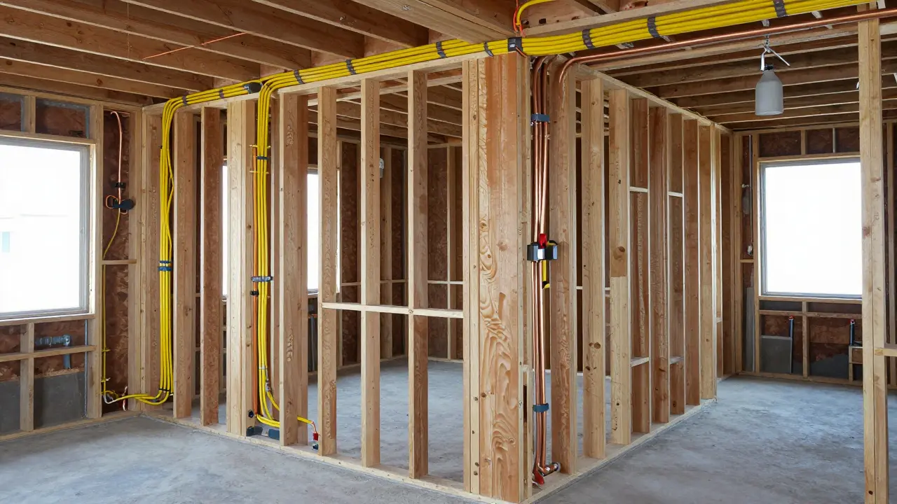 Open kitchen walls showing electrical wiring and plumbing pipes