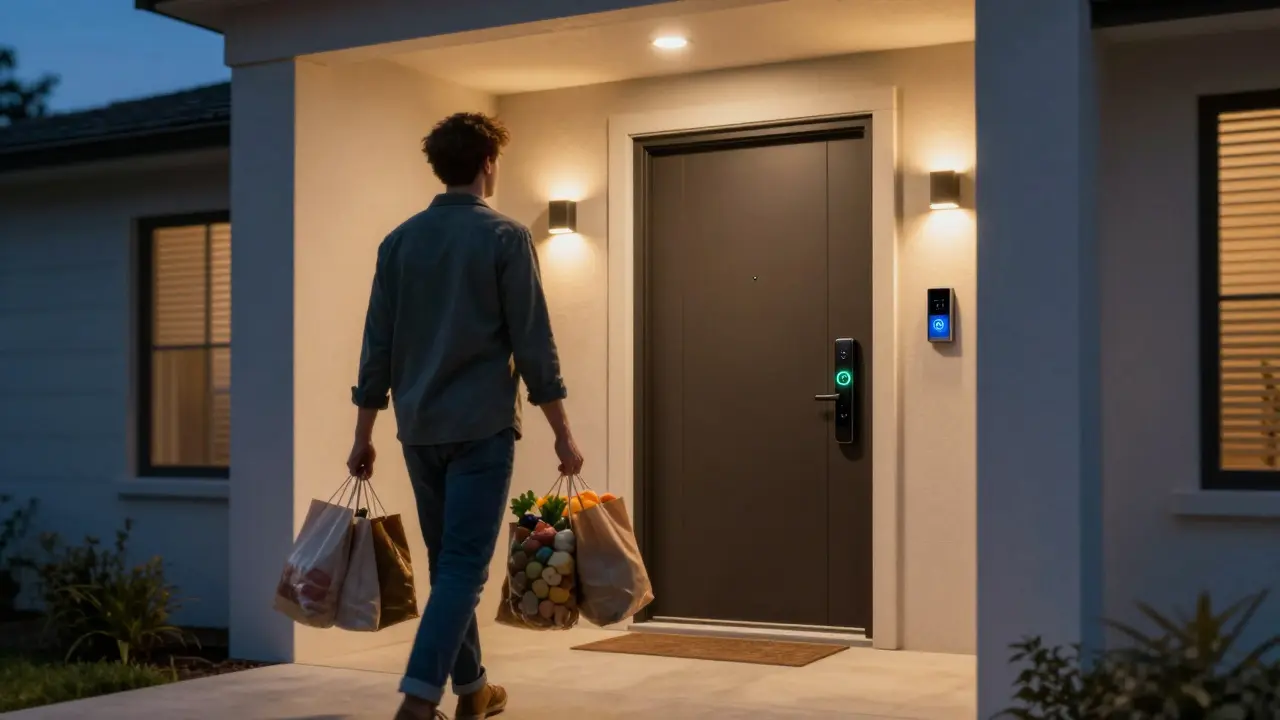 Person arriving at a front door that unlocks automatically as they carry groceries.