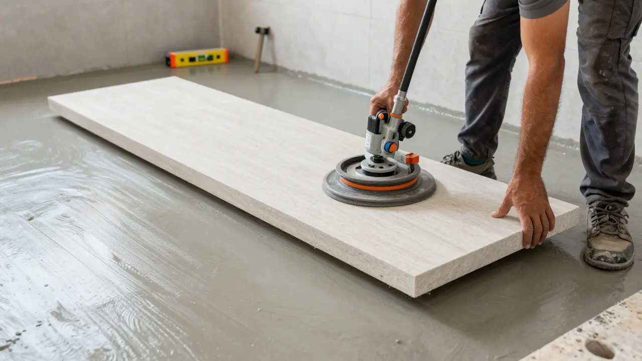 Professional installer using suction tools to place a massive porcelain slab on a level bathroom floor.