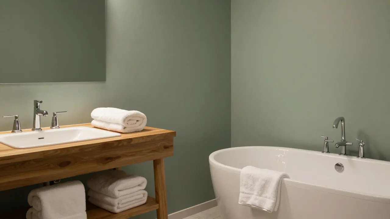 Spa-like bathroom with muted sage green walls and a relaxing soaking tub