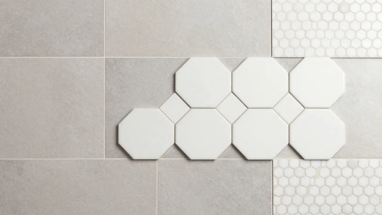 Top-down view of a bathroom floor mixing porcelain, hexagon, and penny tiles.
