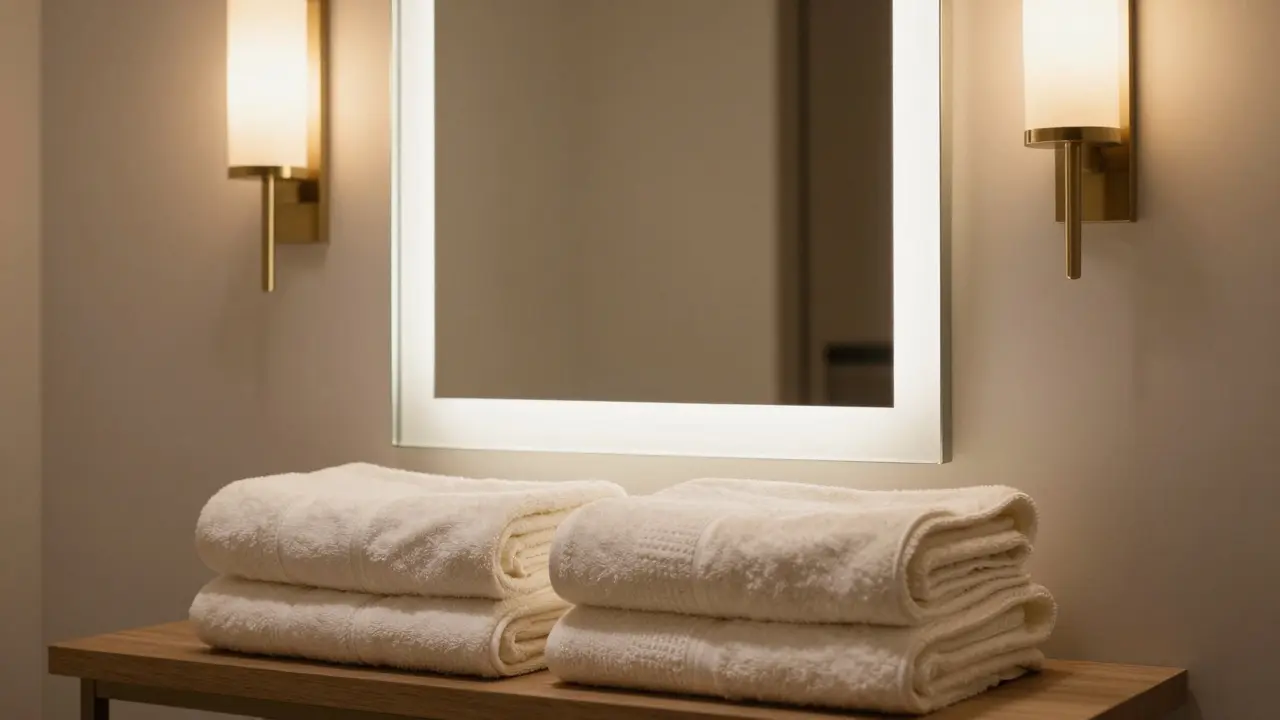 Warm wall sconces and plush cream towels beside a backlit mirror in a spa-like bathroom